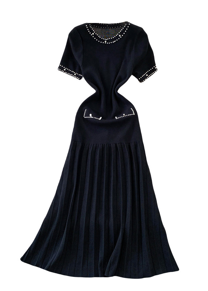 Beautiful Black Hollow Out Patchwork Knit Pleated Dress Summer