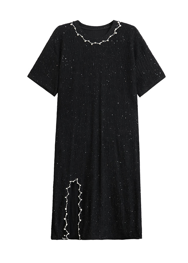 Beautiful Black O Neck Nail Bead Cotton Dresses Summer