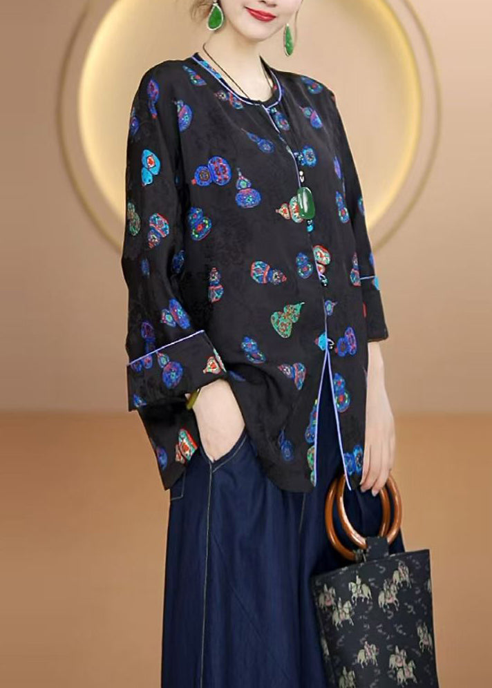 Beautiful Black O Neck Print Button Silk Cardigans Fall