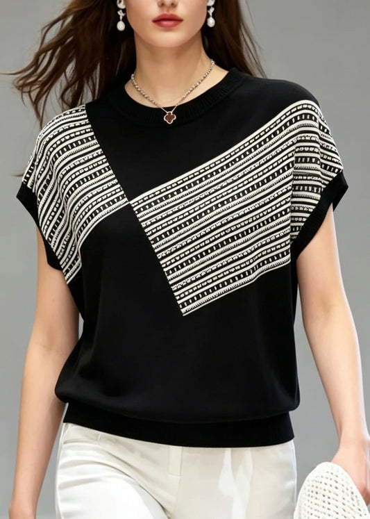 Beautiful Black O Neck Striped Thin Knit T Shirt Top Summer