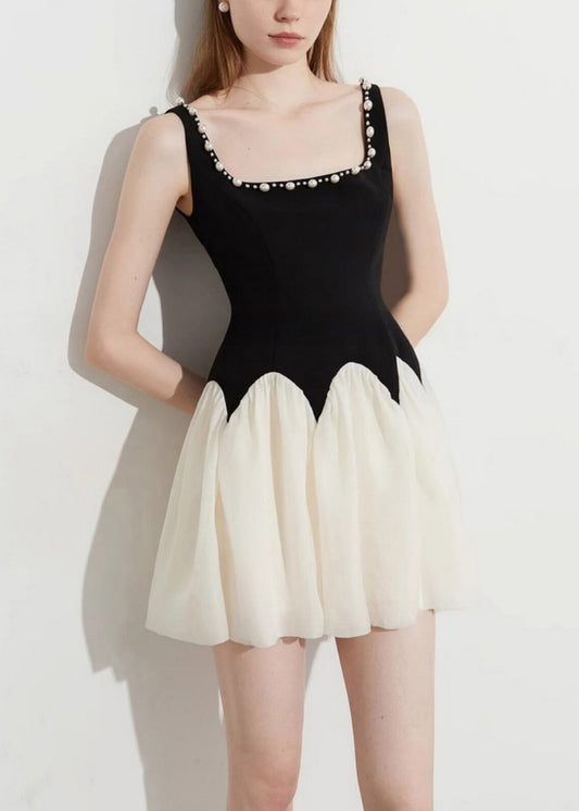 Beautiful Black Square Collar Patchwork Pearl Mini Dress Summer
