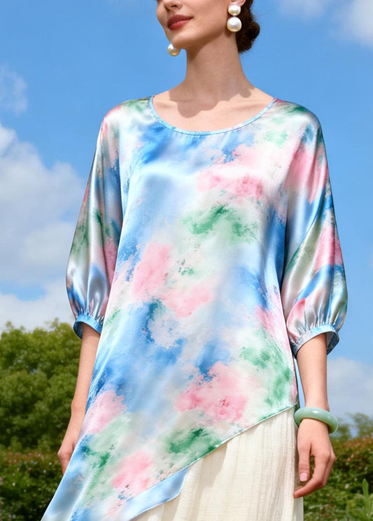 Beautiful Blue Asymmetrical Patchwork Silk Fake Two Piece Dress Summer