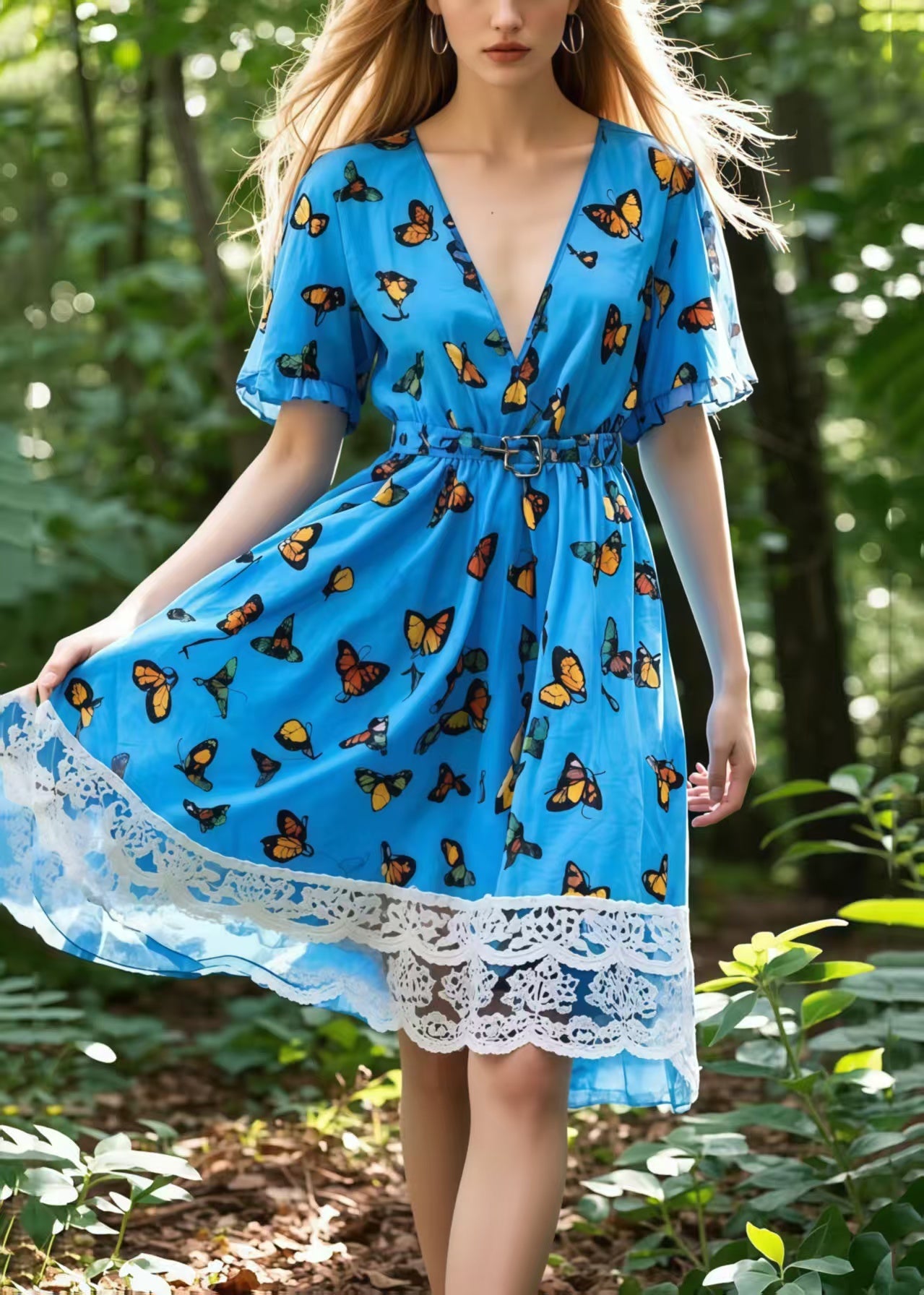 Beautiful Blue Butterfly Patchwork Lace Mid Dress Summer