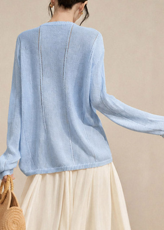 Beautiful Blue Embroidered Cotton Knit Sweaters Long Sleeve