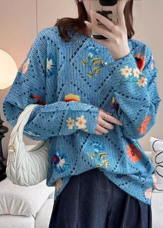 Beautiful Blue Floral Hollow Out Cotton Knit Sweater Tops Batwing Sleeve