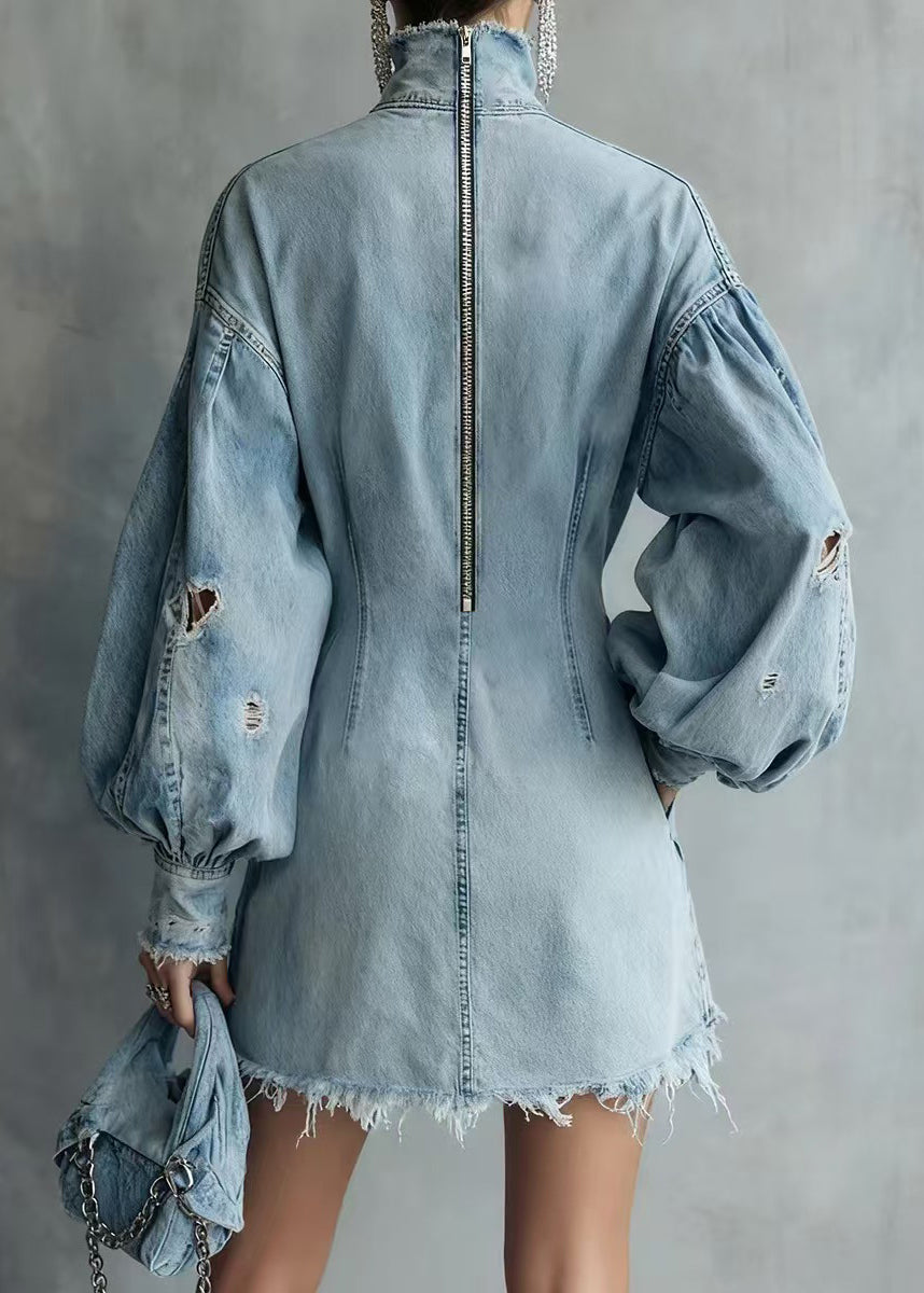 Beautiful Blue High Neck Ripped Raw Hem Denim Dress Lantern Sleeve