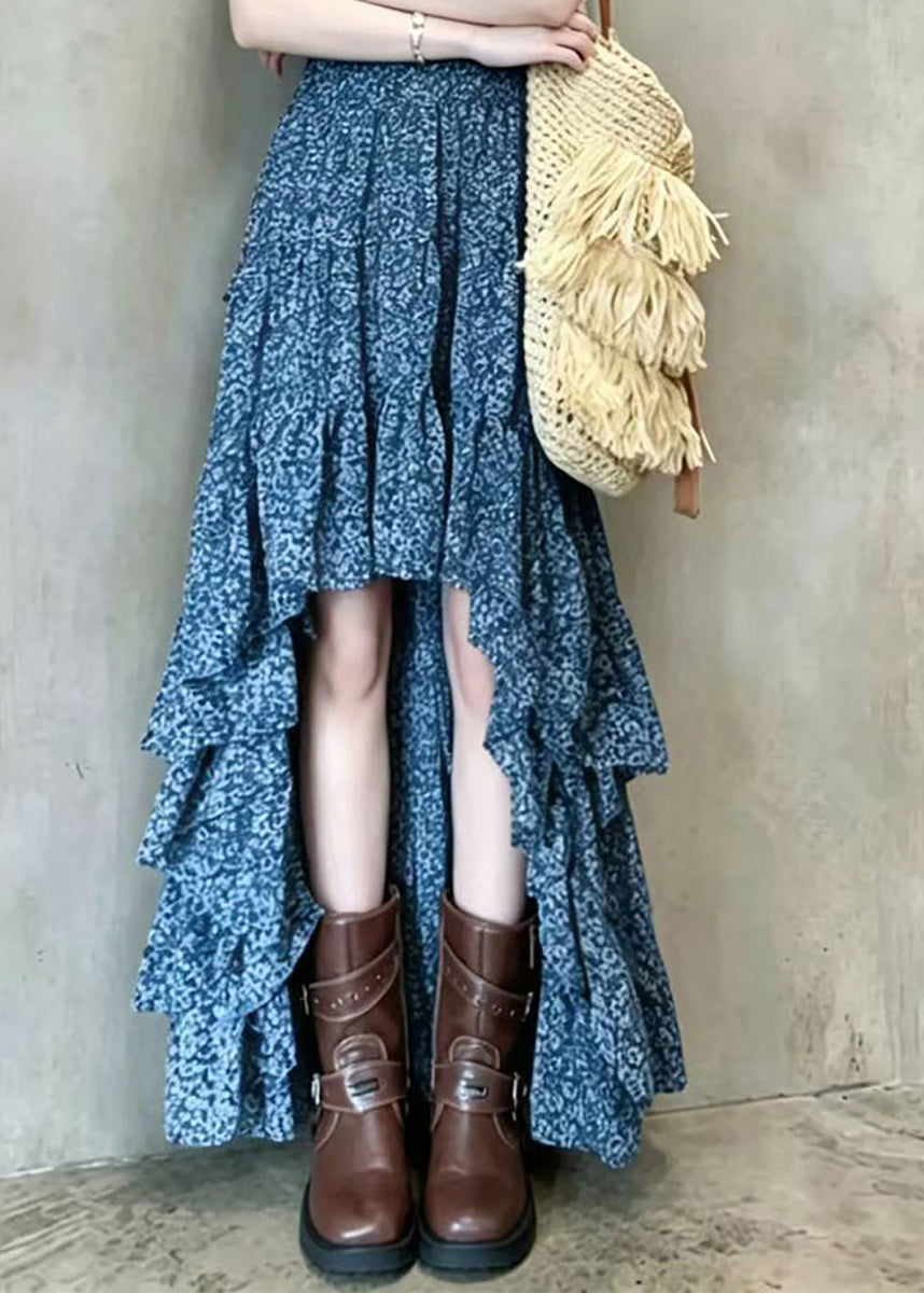 Beautiful Blue O-Neck Print Asymmetrical Dress Sleeveless