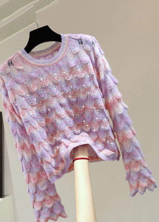 Beautiful Blue O-Neck Zippered Hollow Out Cotton Knit Sweater Flare Sleeve