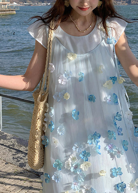 Beautiful Blue Oversized Floral Chiffon Long Dresses Two Piece Set Summer