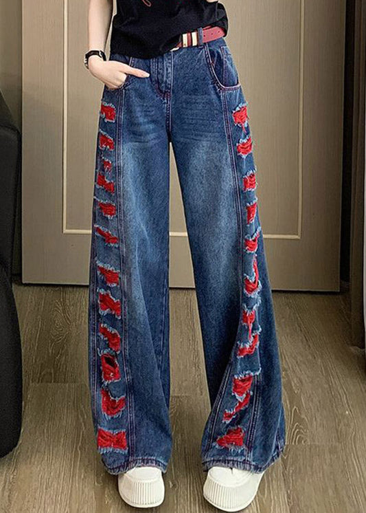 Beautiful Blue Patchwork Hole Wide Leg Jeans Spring