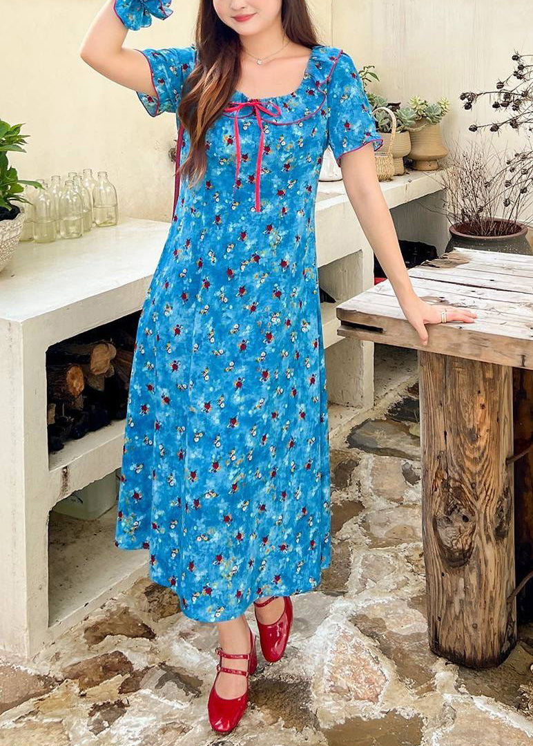 Beautiful Blue Ruffled Print Chiffon Maxi Dress Summer