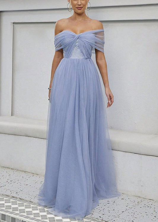 Beautiful Blue Slash Neck High Waist Tulle Maxi Dress Summer
