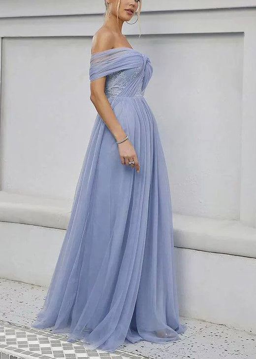 Beautiful Blue Slash Neck High Waist Tulle Maxi Dress Summer