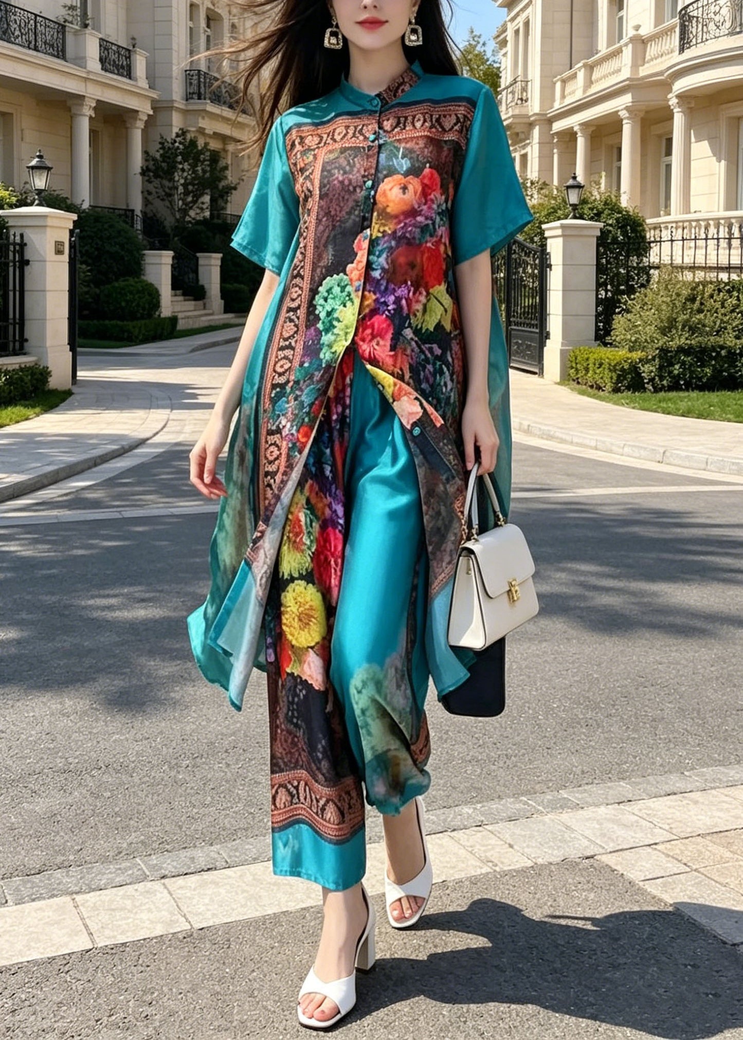 Beautiful Blue Stand Collar Print Silk Two Pieces Set Summer