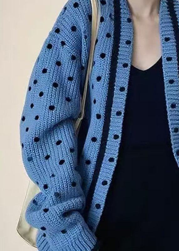 Beautiful Blue V Neck Dot Knitted Cotton Cardigans Fall