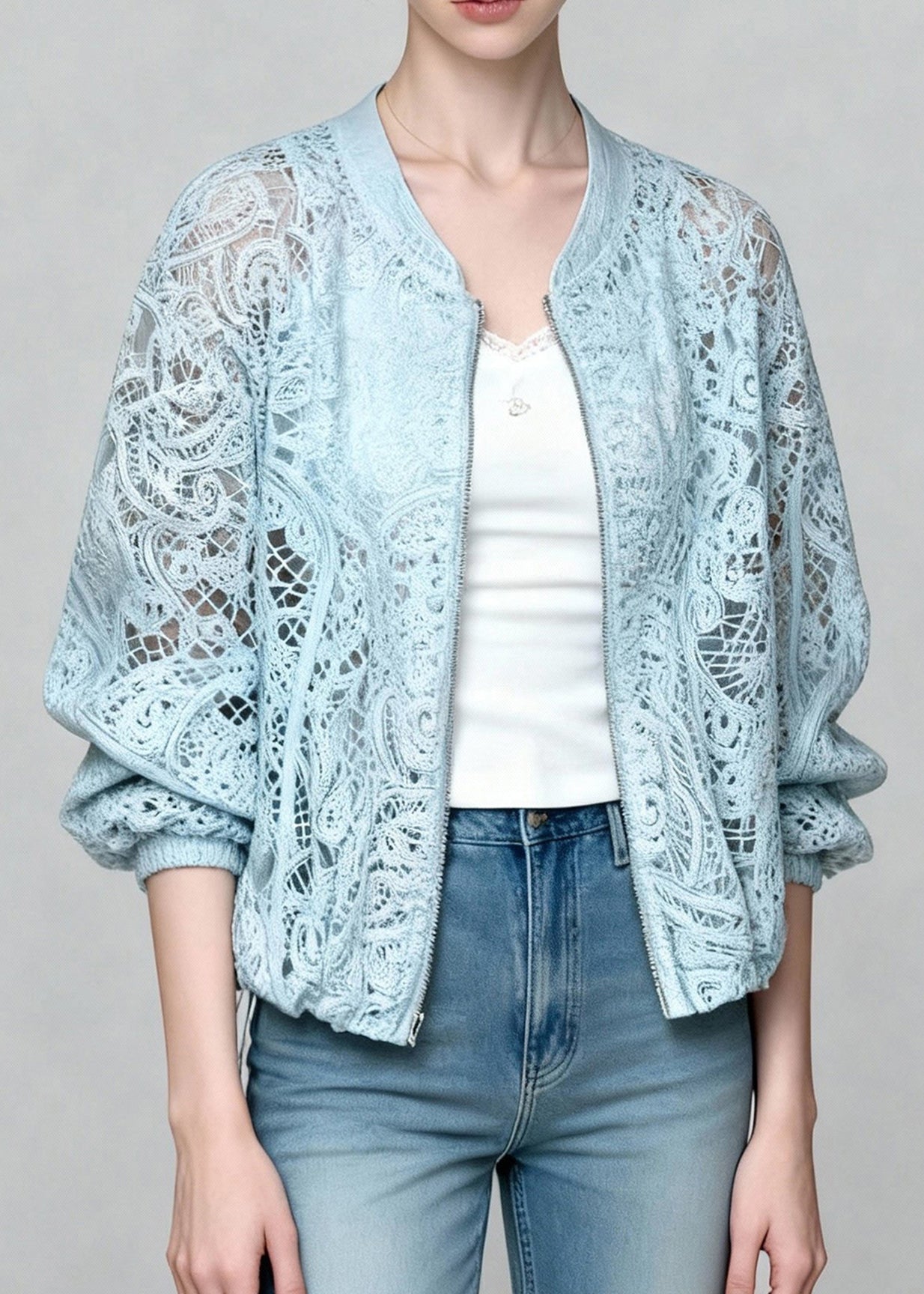 Beautiful Blue Zip Up Hollow Out Lace Coats Summer