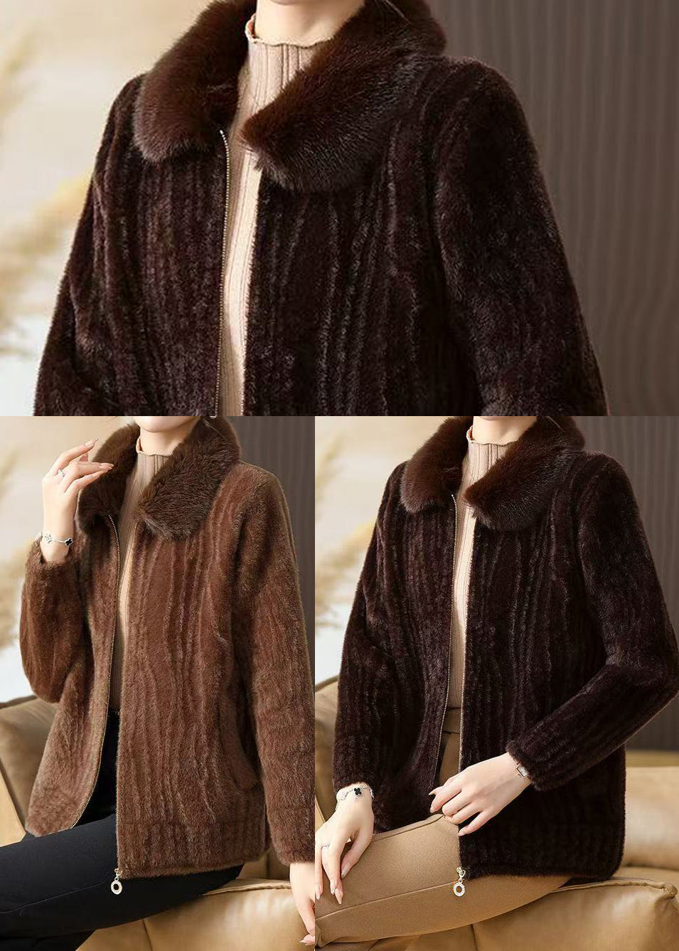 Beautiful Brown Fur Collar Zippered Mink Velvet Coat Winter