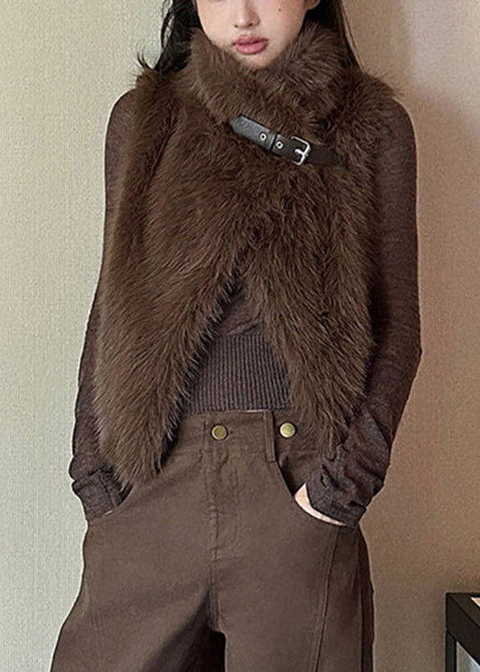 Beautiful Brown Stand Collar Mink Hair Waistcoat Sleeveless