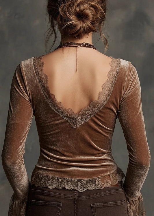 Beautiful Brown V Neck Lace Patchwork Velour Top Spring