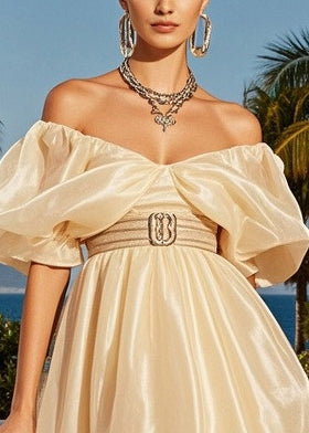 Beautiful Champagne Cold Shoulder Silk Strapless Dress Puff Sleeve