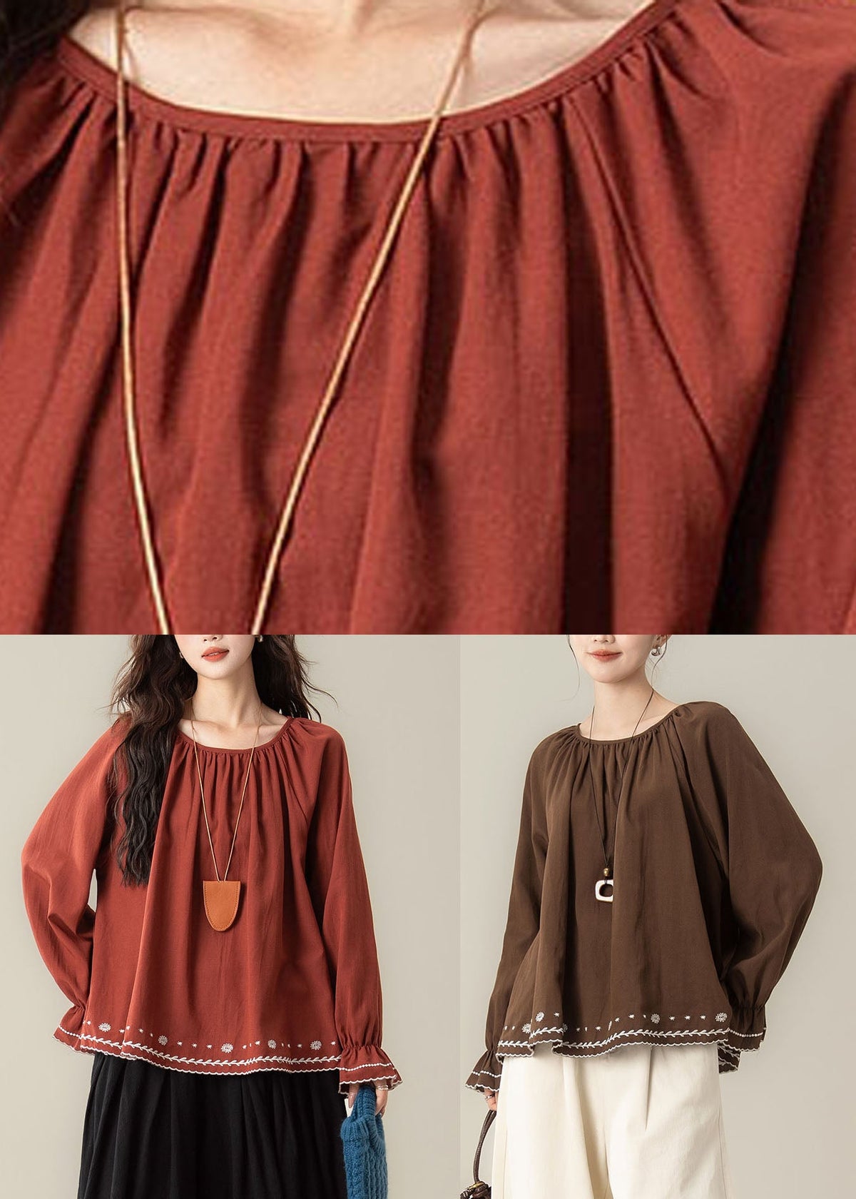 Beautiful Coffee Embroidered Wrinkled Tops Fall