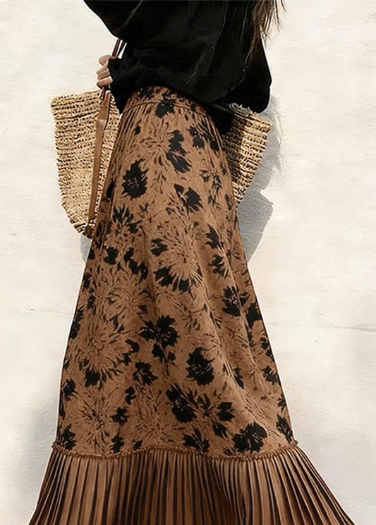 Beautiful Coffee Print Pleated Patchwork Skirts Spring