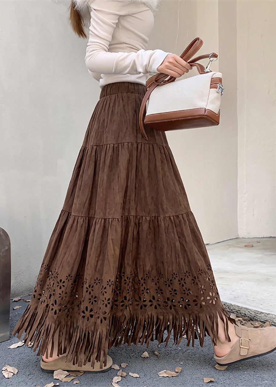 Beautiful Coffee Tassel Hollow Out Faux Suede Skirt Fall