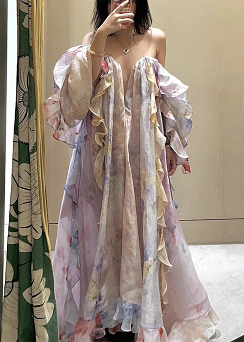 Beautiful Cold Shoulder Ruffled Print Chiffon Long Dresses