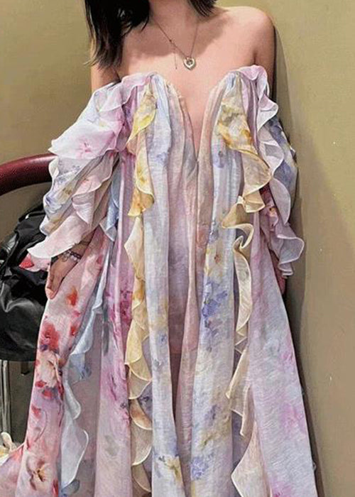 Beautiful Cold Shoulder Ruffled Print Chiffon Long Dresses