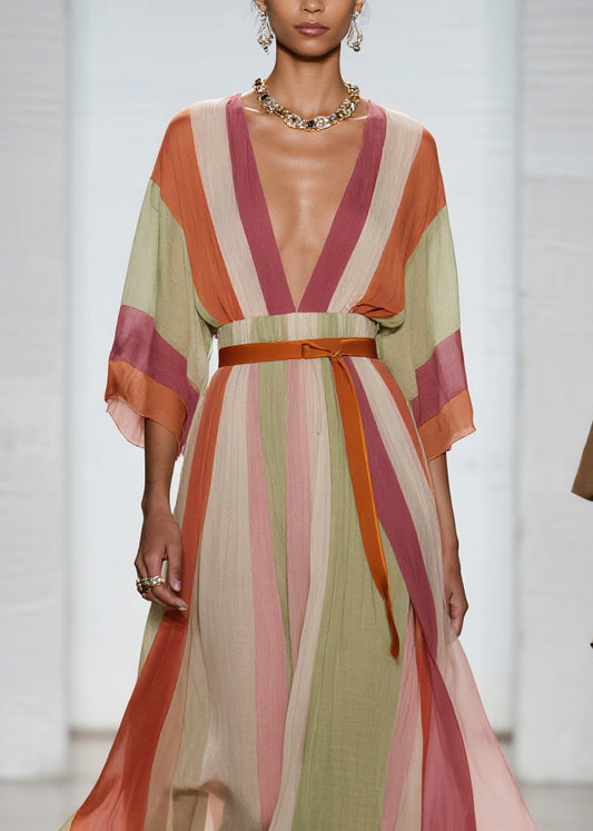 Beautiful Colorblock V Neck Patchwork Cotton Long Dresses Summer