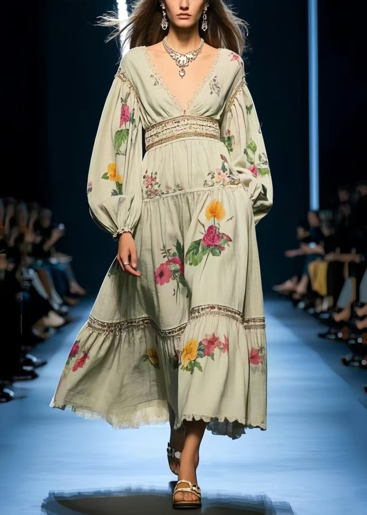 Beautiful Floral Print Cotton Holiday Dress Exra Large Hem Spring