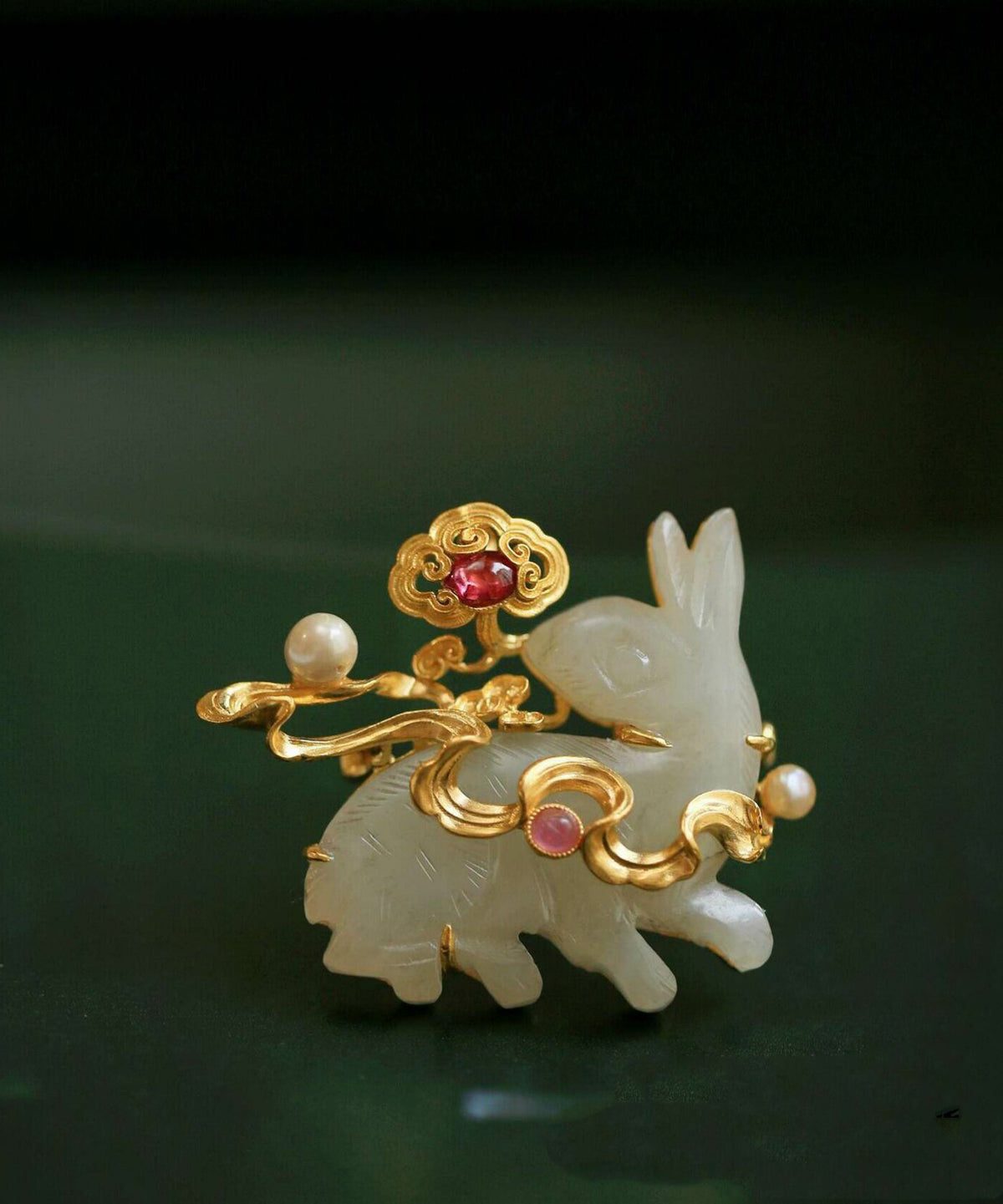 Beautiful Gold Sterling Silver Overgild Jade Rabbit Brooches