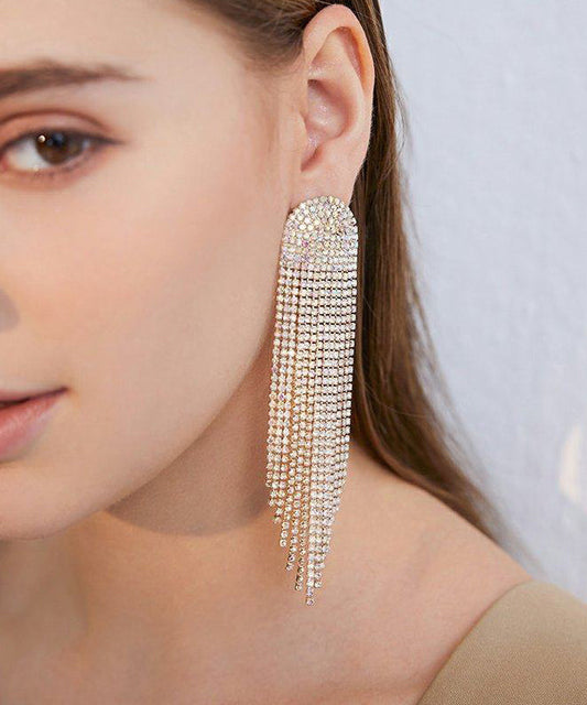 Beautiful Gold Zircon Tassels Silver Drop Earrings