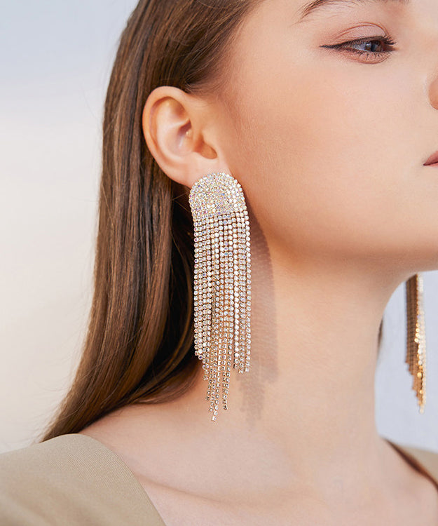 Beautiful Gold Zircon Tassels Silver Drop Earrings