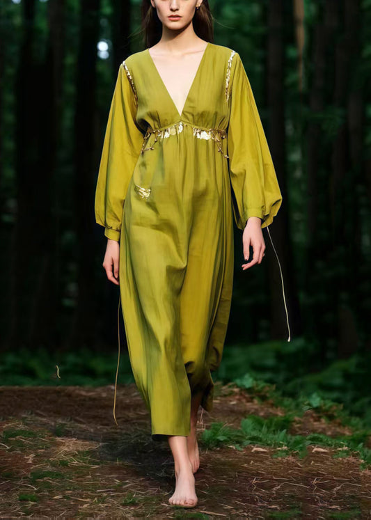 Beautiful Grass Green V Neck Cotton Ankle Dress Spring