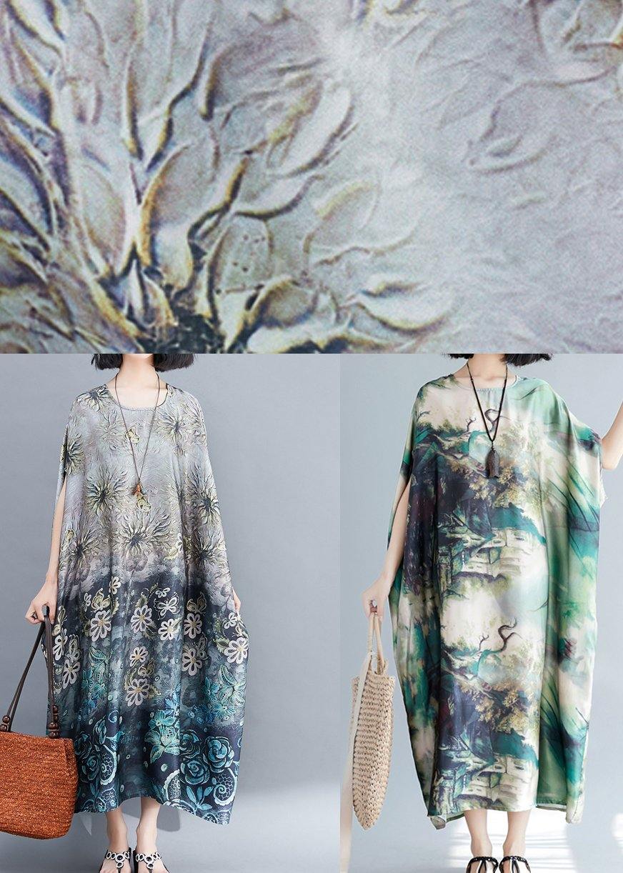 Beautiful Gray Print Long O Neck Baggy Summer Dress - SooLinen