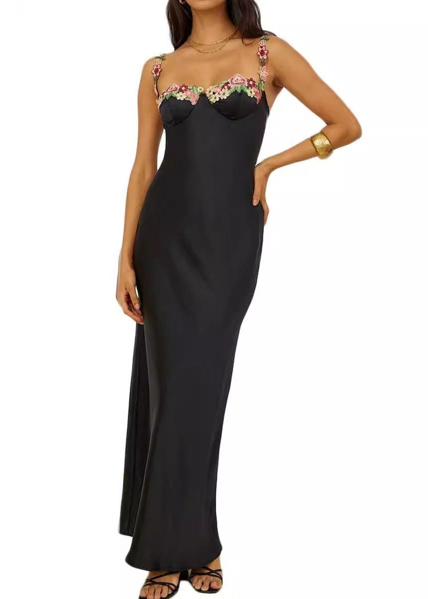 Beautiful Green Backless Floral Silk Spaghetti Strap Dress Summer