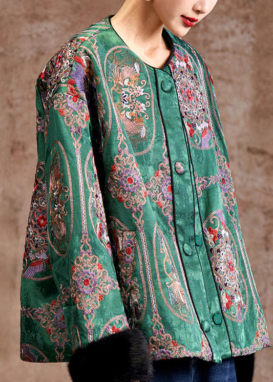 Beautiful Green Embroidered Patchwork Mink Hair Fine Cotton Filled Coats Winter