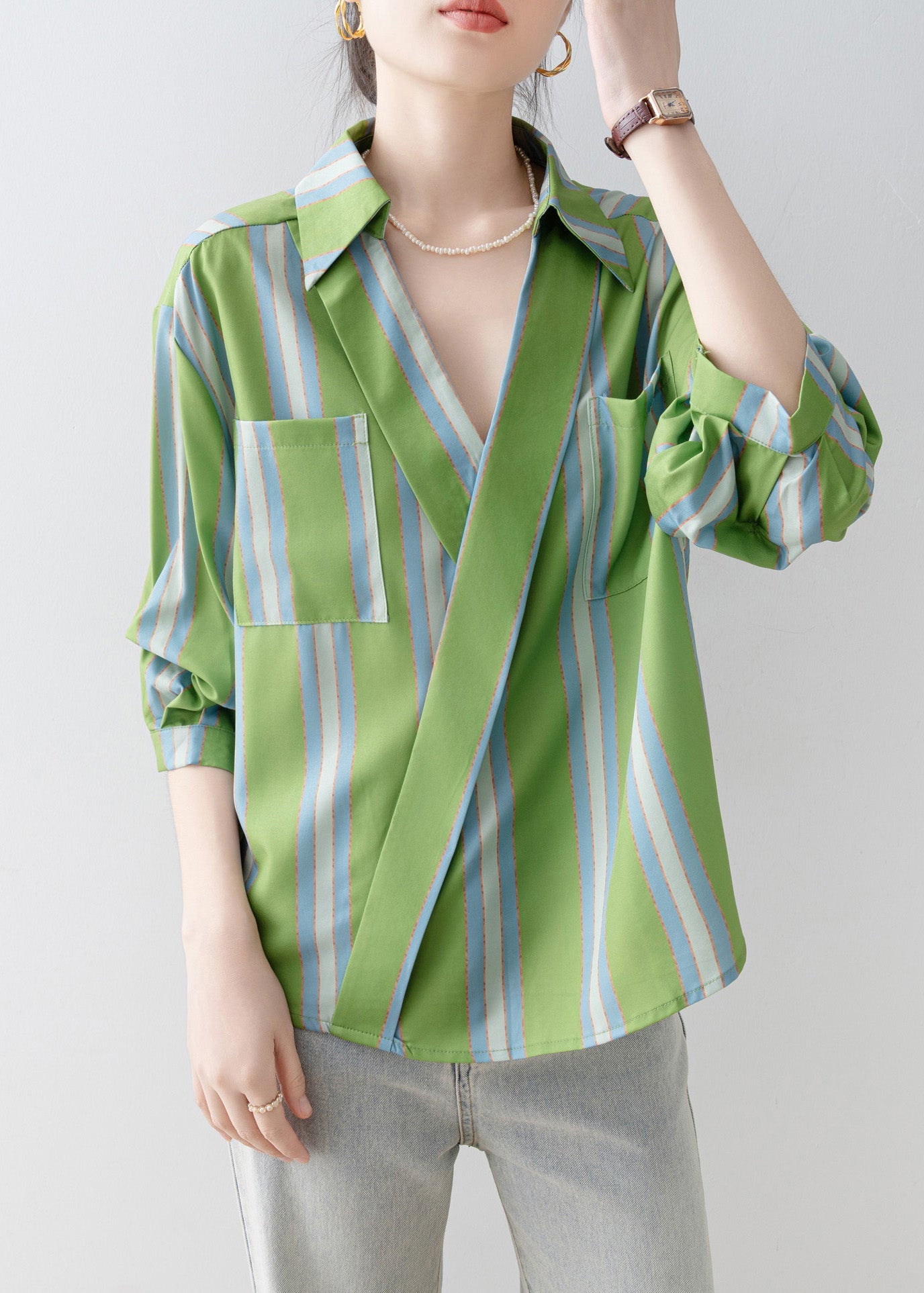 Beautiful Green Peter Pan Collar Striped Cotton Shirt Top Half Sleeve
