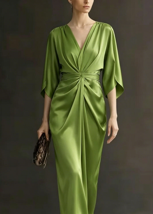 Beautiful Green V Neck Wrinkled Silk Dress Batwing Sleeve