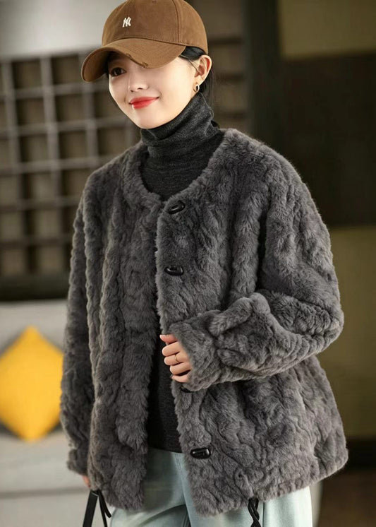 Beautiful Grey O-Neck Drawstring Faux Fur Integrated Jacket Winter