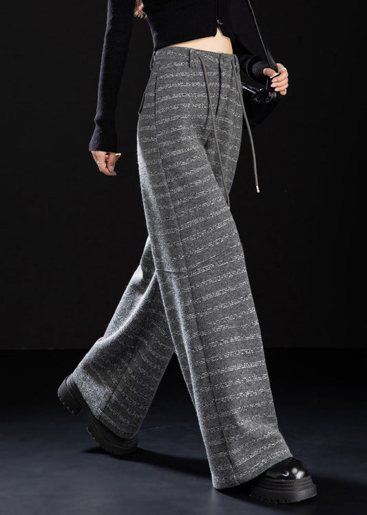 Beautiful Grey Pockets Striped Woolen Wide Leg Pants Winter