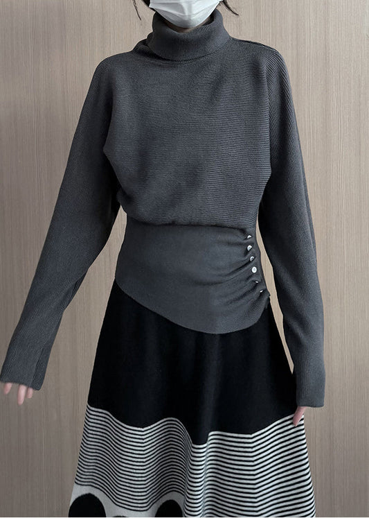 Beautiful Grey Turtle Neck Asymmetrical Design Knit Pullover Winter