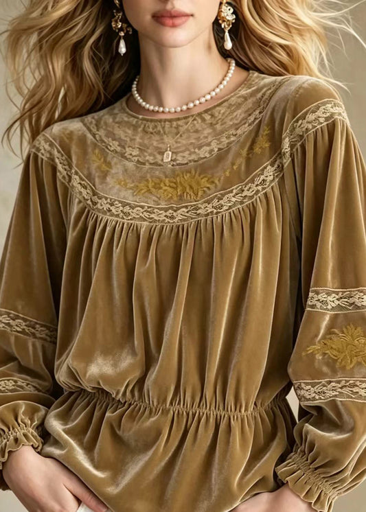Beautiful Khaki Brown O-Neck Embroidered Lace Patchwork Shirt Fall