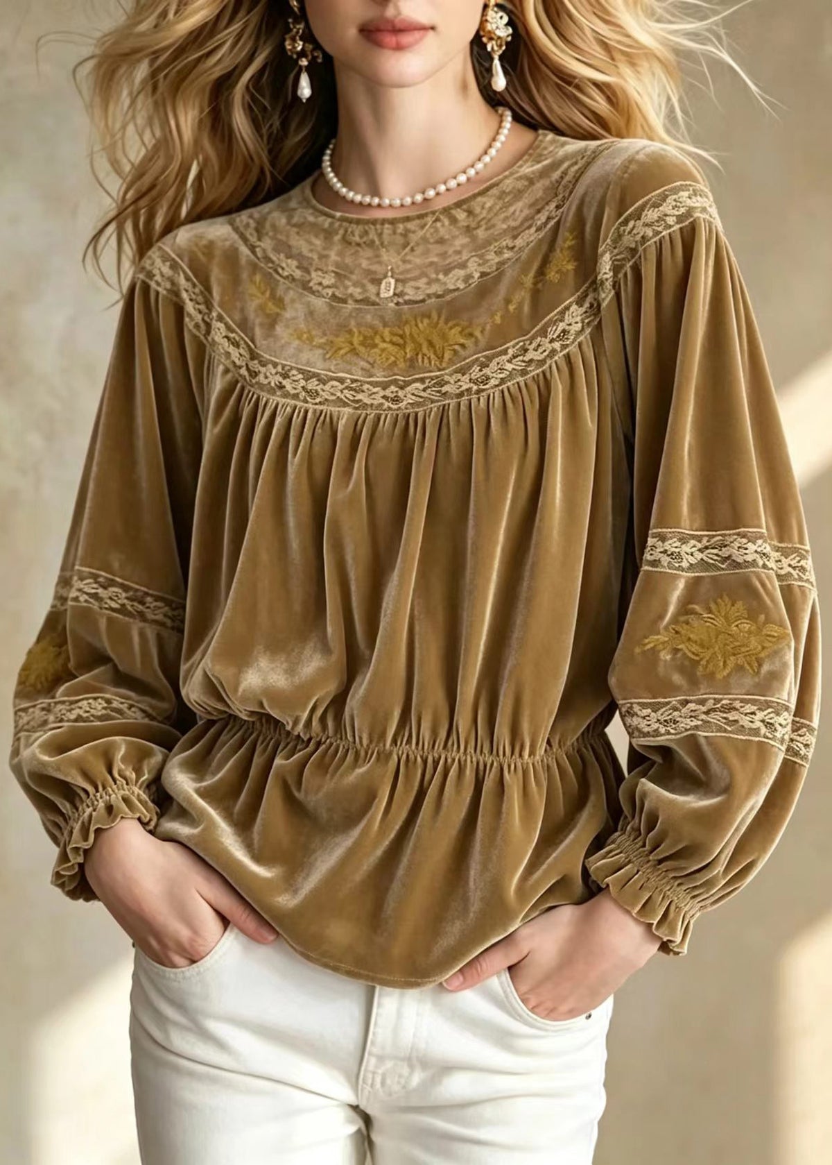 Beautiful Khaki Brown O-Neck Embroidered Lace Patchwork Shirt Fall