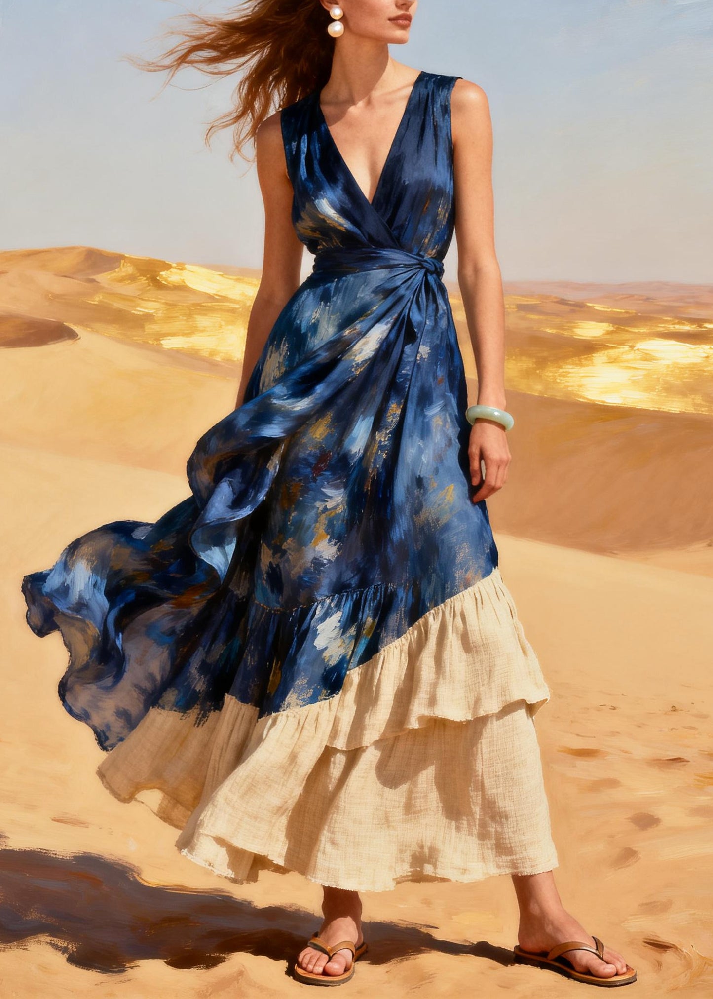 Beautiful Navy Tie Dye Patchwork Chiffon Ankle Dress Summer