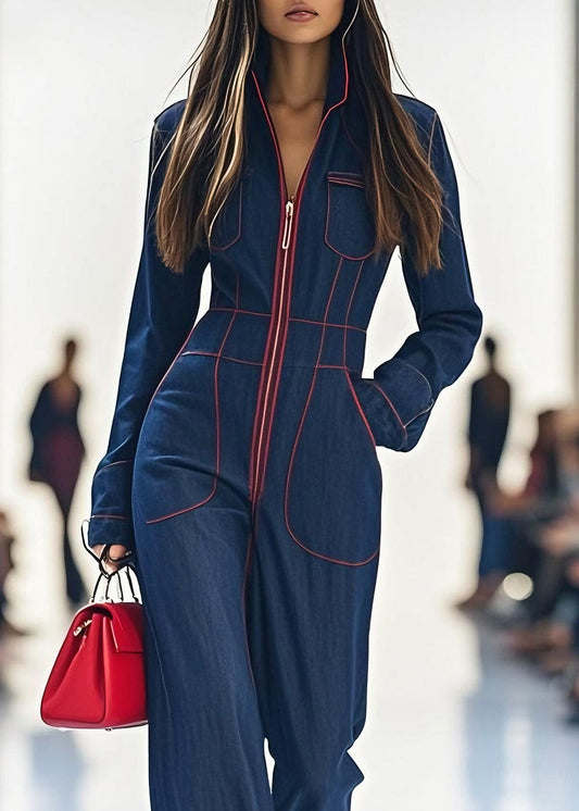Beautiful Navy Zip Up Pockets Patchwork Denim Jumpsuit Spring