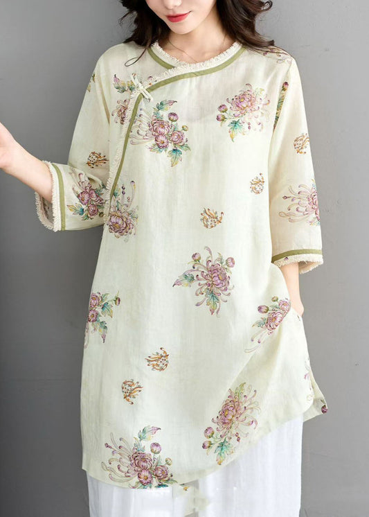 Beautiful Orange O Neck Print Tassel Linen Top Summer