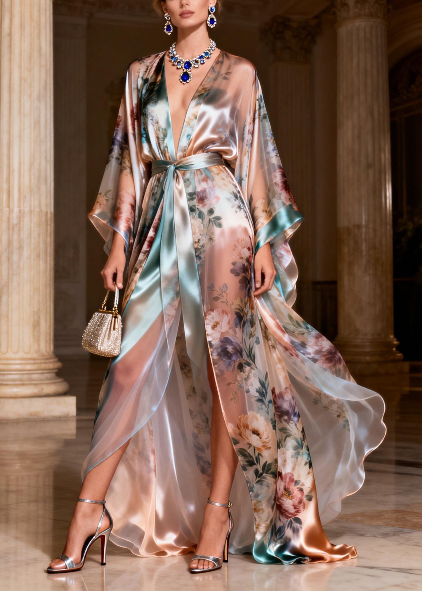 Beautiful Patchwork Tie Waist Silk Long Dresses Flare Sleeve