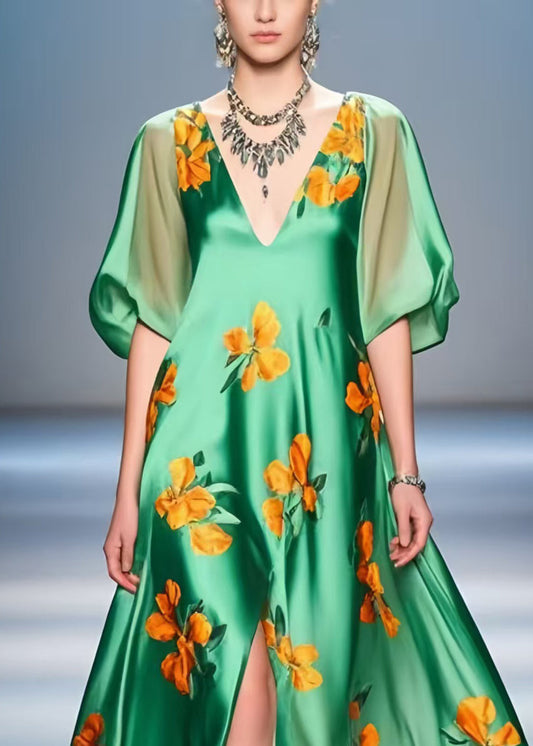 Beautiful Peacock Green Print Side Open Silk A Line Dresses Summer